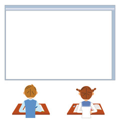 大きな白い黒板の前で勉強する学生