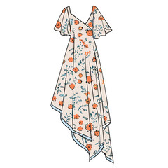 Obraz premium Flowing floral dress with flutter sleeves and asymmetrical hem orange blue