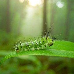 Naklejka premium Green Caterpillar on Leaf in Forest Setting.