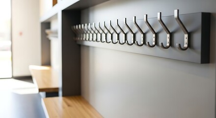 Sleek, modern metal coat hooks mounted on a grey wall above a light wooden bench in a minimalist entryway. Perfect for stylish home or office organization.