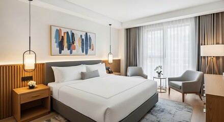 A bright, modern hotel bedroom with a king-size bed, stylish furnishings, and natural light. Features elegant decor, wood accents, abstract art, and cozy seating. Perfect for a relaxing stay.