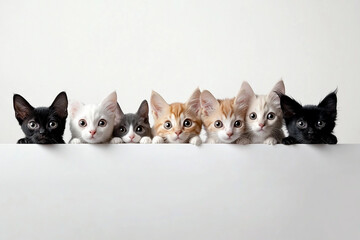 A row of seven adorable kittens peering over a white ledge with curious expressions shown