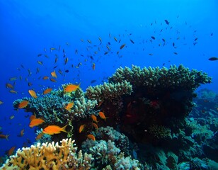 Vibrant coral reef teeming with colorful tropical fish in clear azure ocean waters