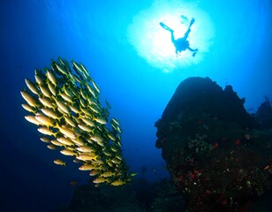 Diver explores vibrant coral reef teeming with schooling fish under brilliant sunlit ocean surface