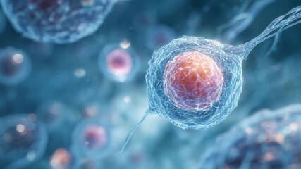 Abstract scientific background showing isolated stem cell under magnification, surrounded by soft blue microscopy textures - Powered by Adobe