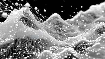 a monochromatic rendering displays an abstract scene with undulating lines and spherical shapes