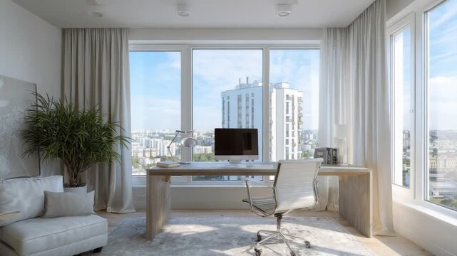 Modern Executive Workspace: A bright and airy office space bathed in natural light, featuring a sleek desk setup with a panoramic city view, a comfortable chair, and a stylish armchair.