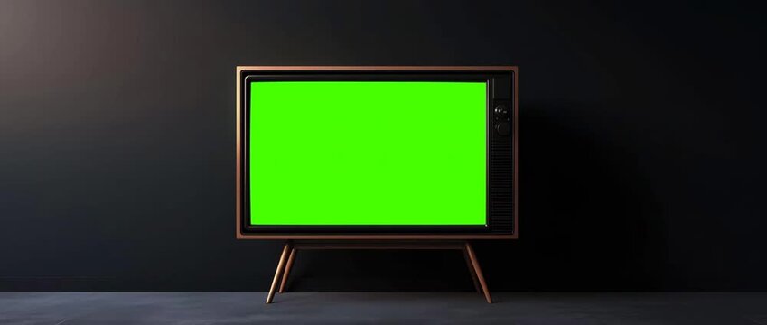 Black wide screen plasma TV turns on to a green screen
