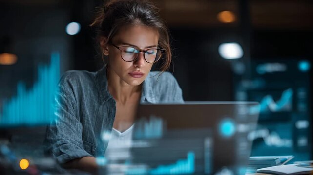 Businesswoman intently working on laptop in sleek office, digital charts floating around, focused on innovative problem-solving
