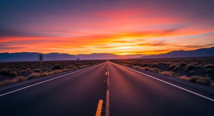 A long highway stretching into a vibrant sunset