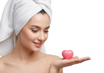 Woman with towel holds pink heart isolated on transparent background