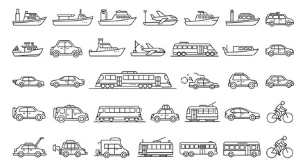 Collection of Transportation Icons Cars, Buses, Boats, and Airplanes