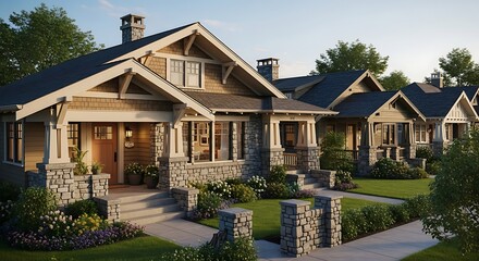 Charming Craftsman Style Homes in a Row on a Sunny Day.