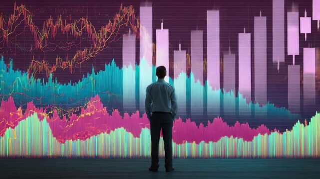 Corporate setting with man analyzing colorful stock graphs and data projections, deep in strategic financial planning - Powered by Adobe