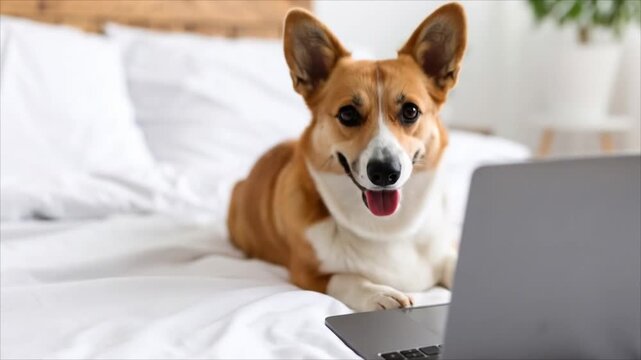 Corgi dog looks at laptop