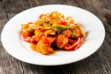 Fried shrimp in sweet and sour sauce with vegetables.Asian food. Chinese cuisine