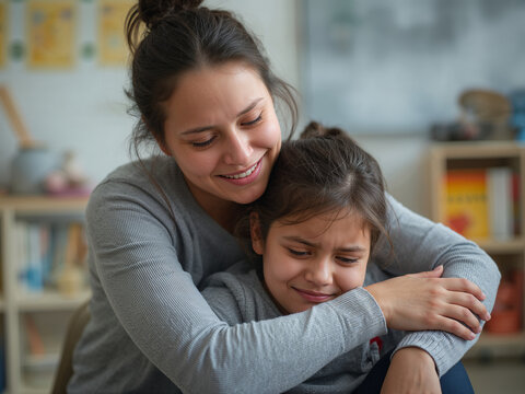 Woman hugging a sad young girl in a classroom setting comforting