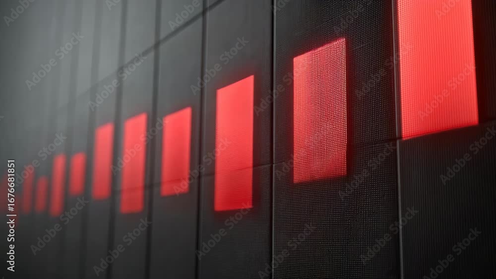 Poster red digital display screen with black background showing decline graph