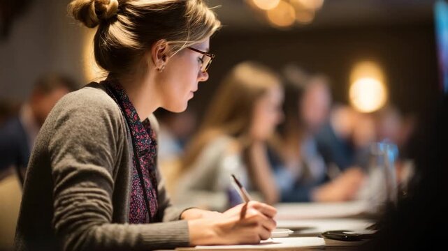 Focused shot of participant jotting down key points at conference, pen poised on paper symbolizing active engagement and learning