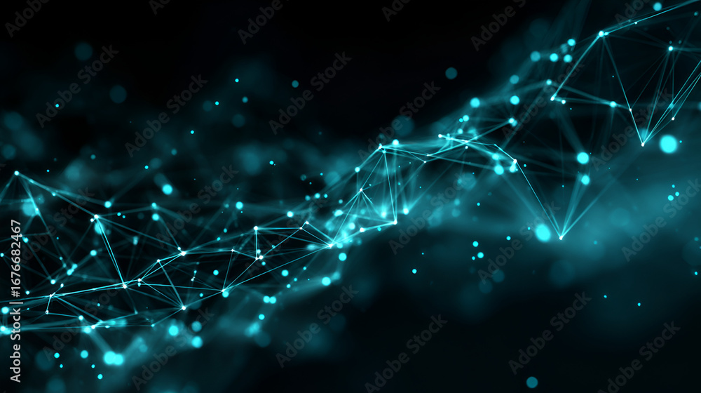 Poster azure network connected glowing points and lines on a dark backdrop creating an abstract pattern