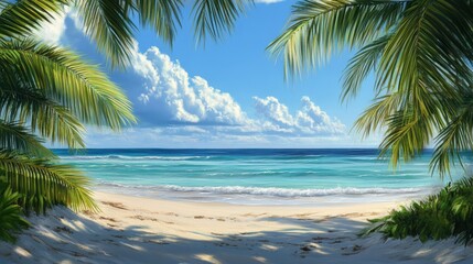 Fototapeta premium A serene beach scene framed by palm trees, showcasing vibrant blue waters and fluffy clouds under a clear sky.