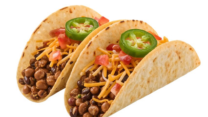 Closeup of two vegetarian bean tacos with cheddar cheese, diced tomato, and jalapeo slices on flour tortillas isolated on the transparent background