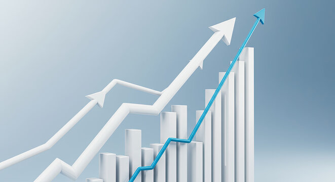 Rising Growth Chart with Blue and White Arrows Against Soft Blue Gradient