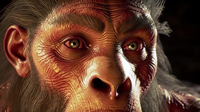 Close-Up of a Neanderthal Face with Expressive Features in Cave Firelight