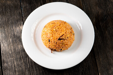 White rice with shrimp on a dark background.Asian food. Chinese cuisine