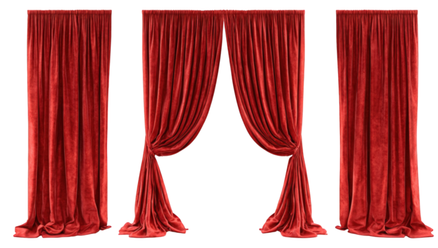 Three panels of deep red curtains