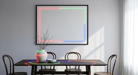 Dining Room Table With Neon Accents And Empty Picture Frame interior chairs