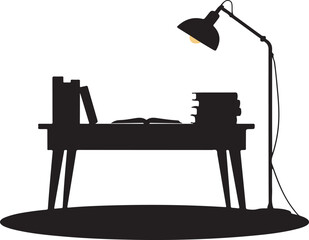 Fototapeta premium Silhouette Of Desk With Books And Lamp On White Background table