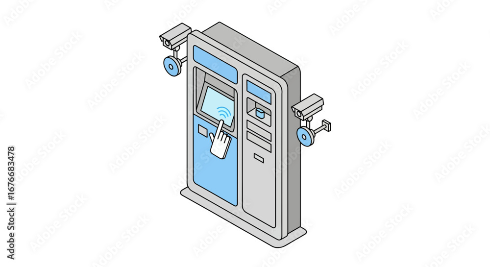 Poster atm machine with security cameras and hand scan