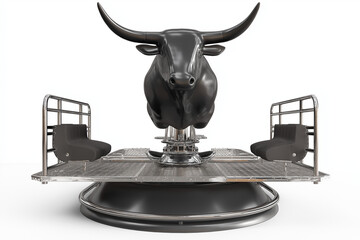 3D professional render of a complete mechanical bull ride, full seat and metallic base visible, glossy detailed textures, iconic Texas rodeo attraction
