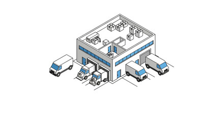 Micro warehouse with delivery trucks and rooftop units