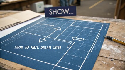 Blueprint with motivational phrase on workspace surface
