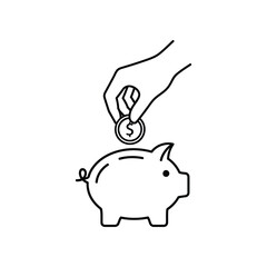 Saving for the Future: A line drawing of a hand inserting a coin into a piggy bank. Emphasizing the simple yet powerful act of saving money for the future.