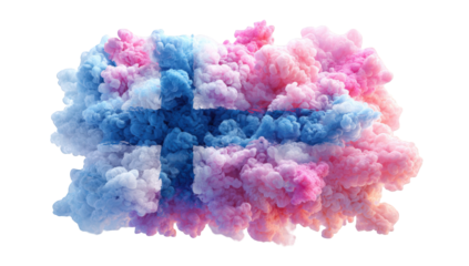 Finnish flag within a cloud of colorful smoke