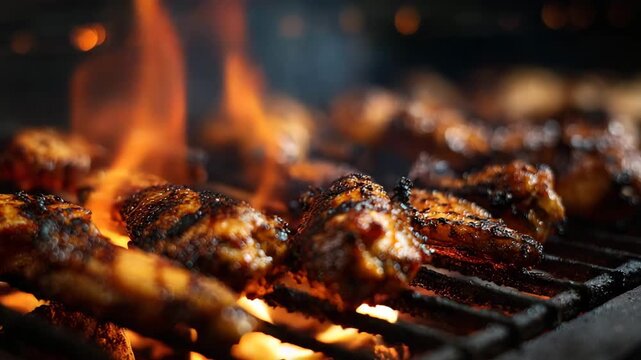 Juicy grilled chicken wings sizzling over open flame, close-up shot with charred edges and fire flaring beneath