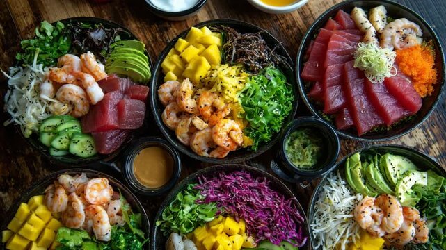 Overhead view of assorted poke bowls, bursting with fresh ingredients like tuna, shrimp, mango, and greens
