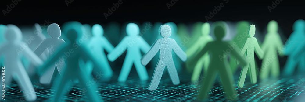 Poster translucent figures form connected chain representing collaborative teamwork and unity.