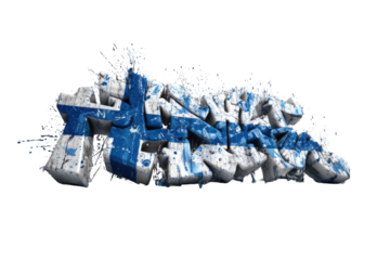 3D stylized text, Finnish flag colors, splatter effect