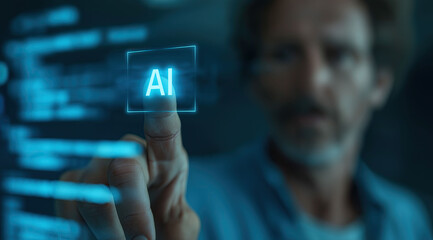 Professional finger touches illuminated AI interface button with blue lighting.