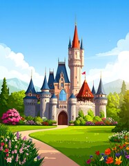 Enchanted Castle in a Colorful Landscape Illustration.