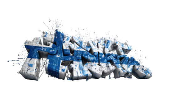 3D stylized text, Finnish flag colors, splatter effect