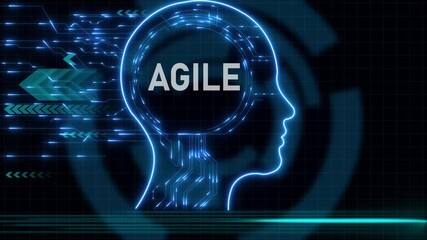 Futuristic neon glowing human head with agile text, digital circuits and data flow, artificial intelligence concept for HR technology, payroll automation, employee salary management 4k background