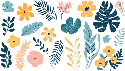 Vibrant tropical botanical elements with yellow flowers and blue green leaves