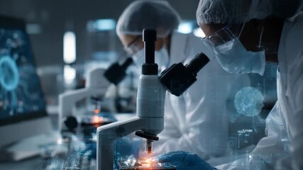 Scientists analyzing tumor samples under digital microscope, data overlays reveal progress in biopsy and immunotherapy - Powered by Adobe