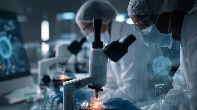 Scientists analyzing tumor samples under digital microscope, data overlays reveal progress in biopsy and immunotherapy - Powered by Adobe