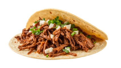 Authentic barbacoa taco with fresh cilantro, chopped onions, and tender shredded beef in corn tortilla isolated on the transparent background